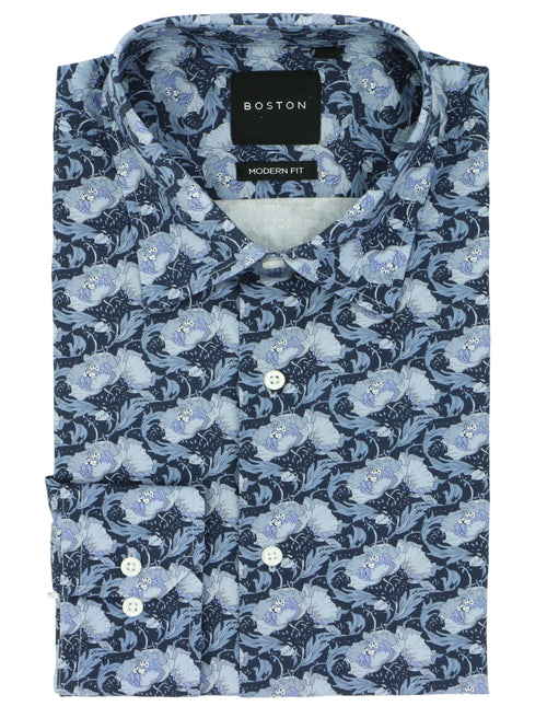 Lennox Blue Flower Cotton Stretch Casual Shirt