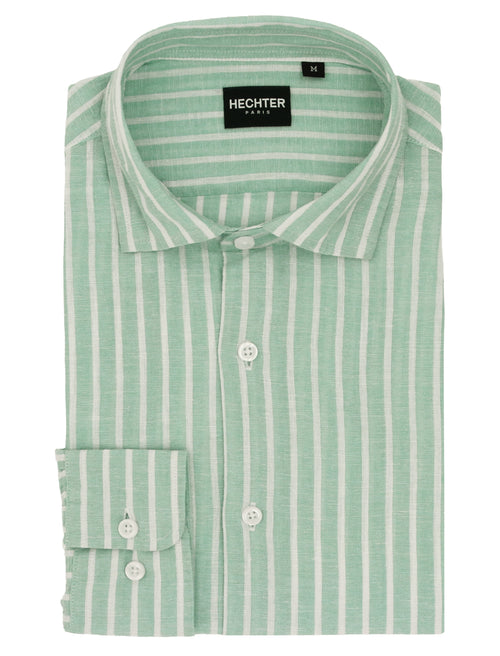 Sel Green Striped Linen Cotton Casual Shirt
