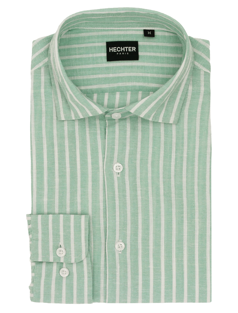 Sel Green Striped Linen Cotton Casual Shirt