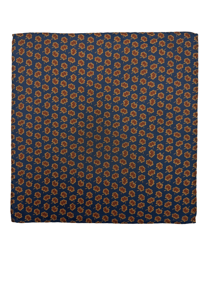 Navy Brown Floral Print Silk Pocket Square