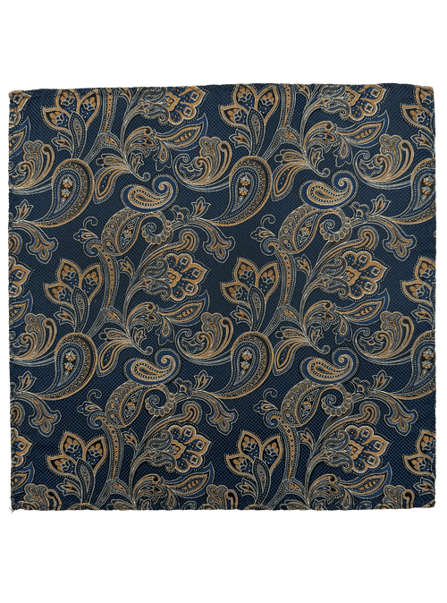 Navy Orange Paisley Print Silk pocket Square